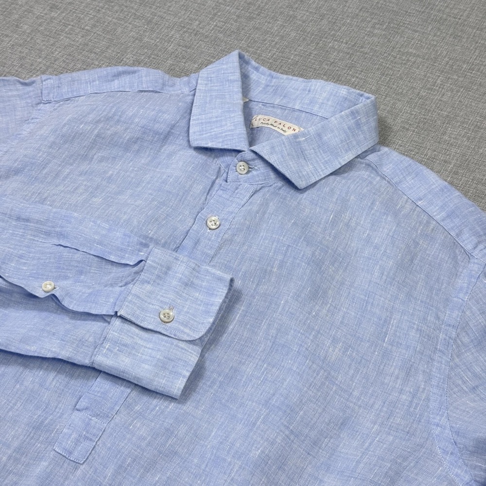 Luca Faloni Linen Popover Button-Up Shirt Mens 16.5 42 Blue Long Sleeve Italy